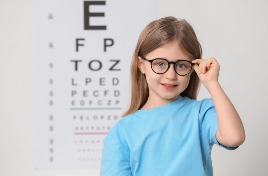 A child wearing myopia control glasses