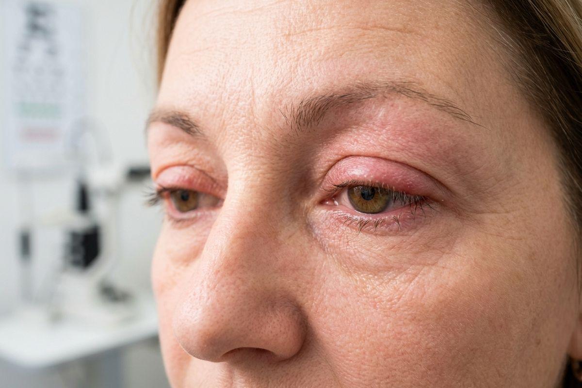 red irritated eyes from rosacea being treated at the optometrists office