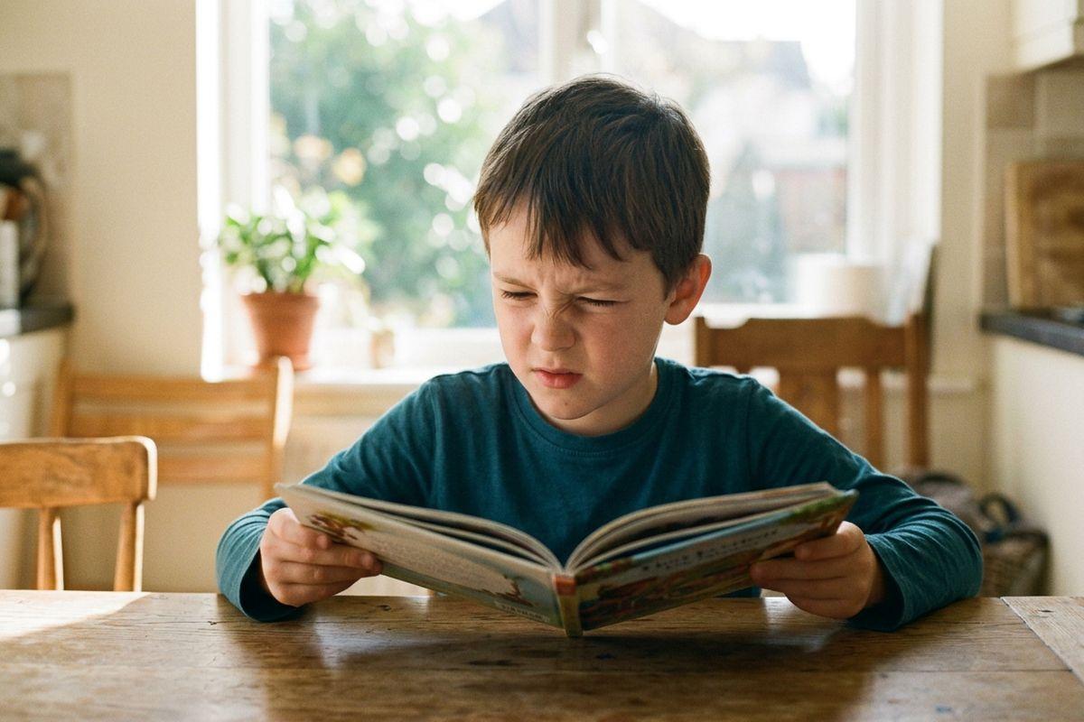 Child reading an illustrated book at a wooden kitchen table, squinting with a focused expression, natural light from a window behind them.