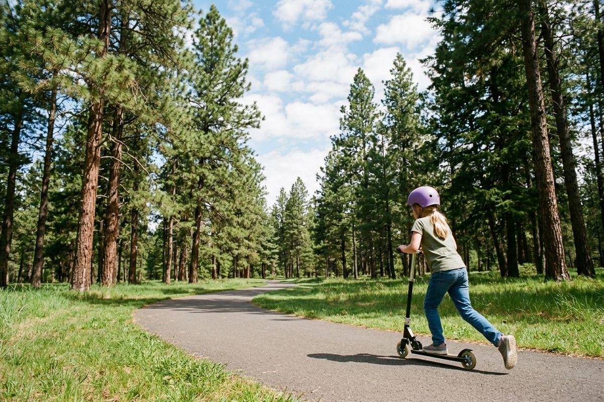 Child wearing a purple helmet rides a kick scooter along a paved path through a sunlit pine forest.