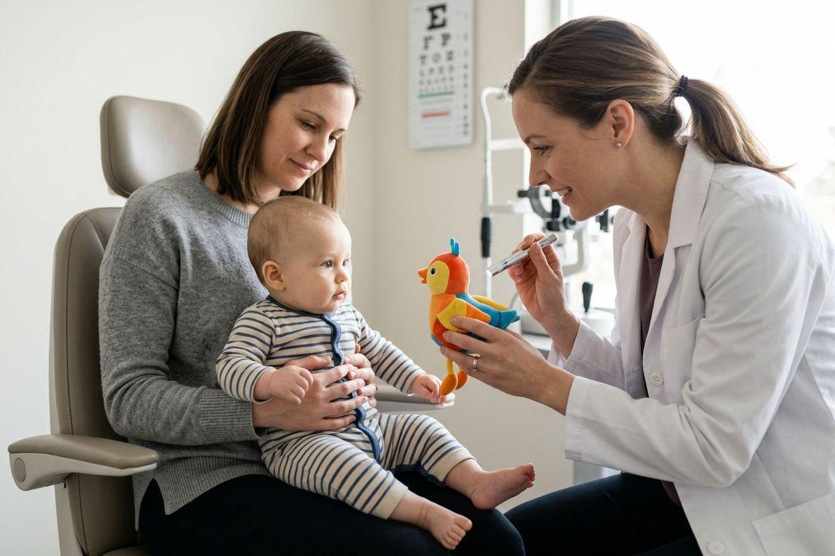 Optometrist holds a colorful toy and pen light toward a baby sitting on an adult's lap during an eye exam.