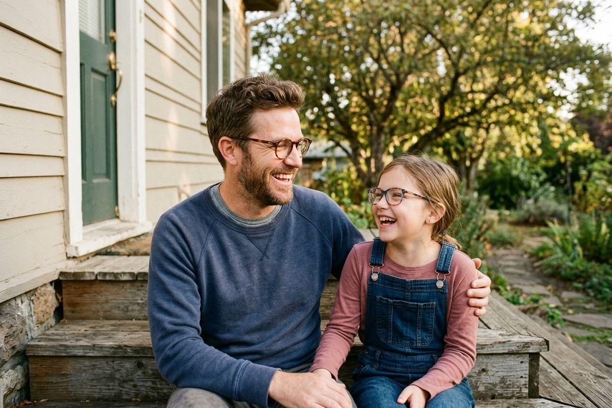 Two people wearing glasses sit laughing on a wooden porch steps outside a house, an adult with arm around a smiling child in overalls.