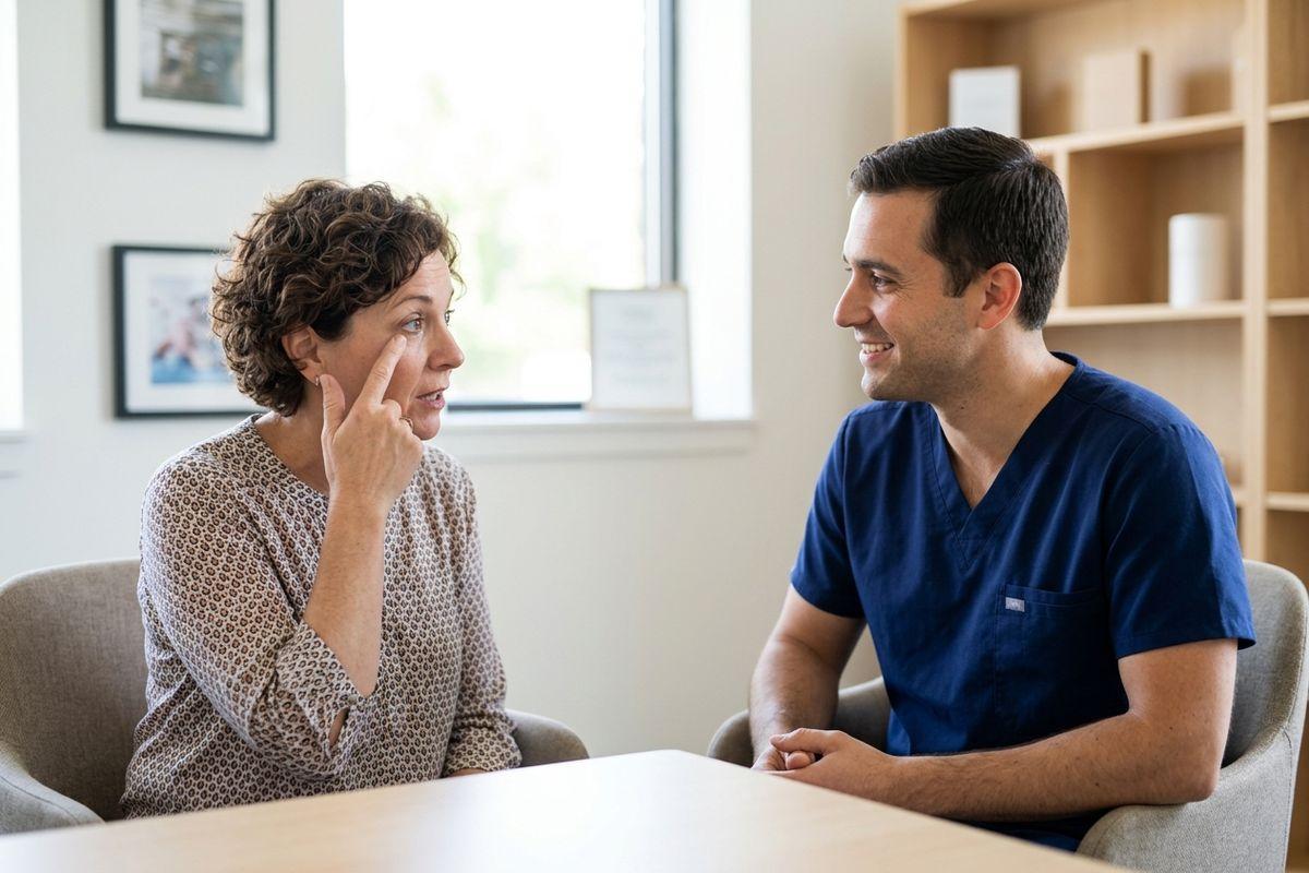 A patient pointing to their eye area while speaking with a smiling clinician in scrubs, seated at a table in a clinic room.